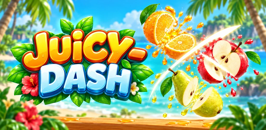Juicy-Dash title with sliced citrus, apple and pear in tropical scenery