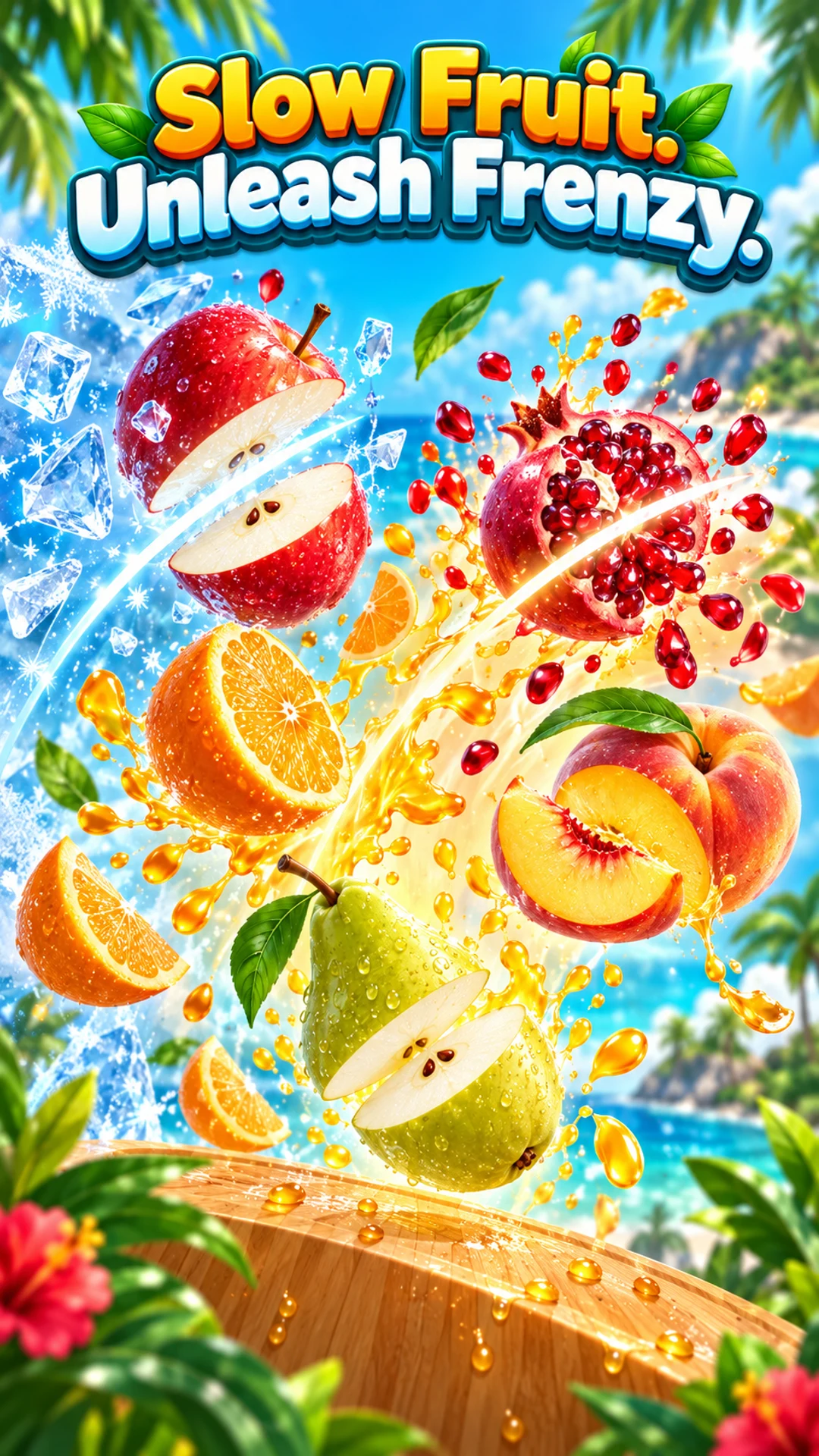 Promotional fruit storm with icy and golden slicing effects